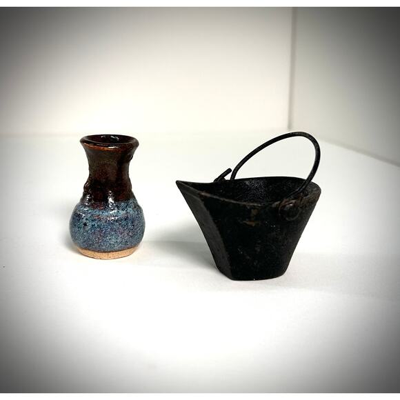 Miniature Lot, Cast Iron Coal Bucket + Rustic, glazed Stoneware Dollhouse Vase - Picture 3 of 6
